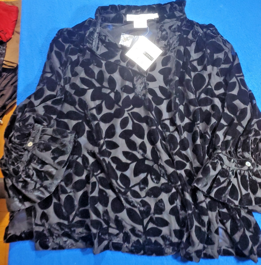 Gretchen Scott Burnout Ruffleneck Tunic Blouse Black Leaf Diva XXXL Plus 18 NWT